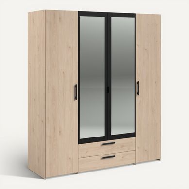 Armoire 4 portes 2 tiroirs L. 160 cm DAILY imitation chêne et noir vue 3/4