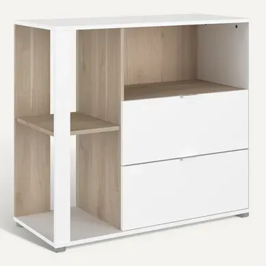 Commode 2 tiroirs 3 niches ALBORG blanc et imitation chêne Commode 2 tiroirs 3 niches ALBORG blanc et imitation chêne vue 3/4