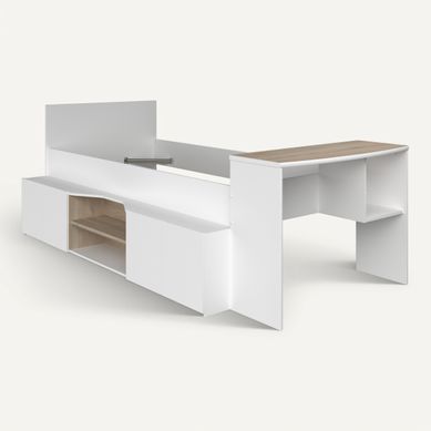 Lit 90x190/200 avec rangements et bureau intégré CLEO imitation chêne et blanc Lit 90x190/200 avec rangements et bureau intégré CLEO imitation chêne et blanc vue 3/4