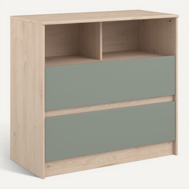 Commode 2 tiroirs et 2 niches SHELTER Imitation chêne et vert vue 3/4