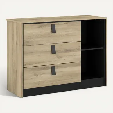 Commode 3 tiroirs 2 niches KIERAN imitation chêne et noir Commode 3 tiroirs 2 niches KIERAN imitation chêne et noir vue 3/4