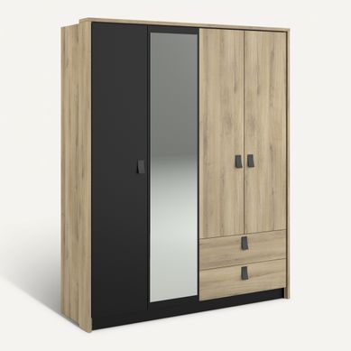 Armoire 4 portes 2 tiroirs L. 162 cm KIERAN imitation chêne et noir vue 3/4