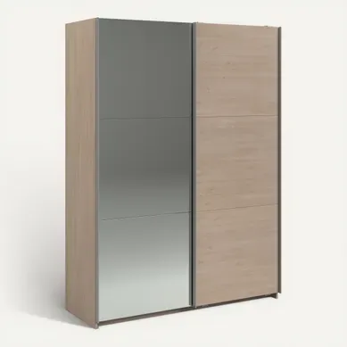 Armoire 2 portes couli. L.150 SWING imitation chêne et miroir vue 3/4