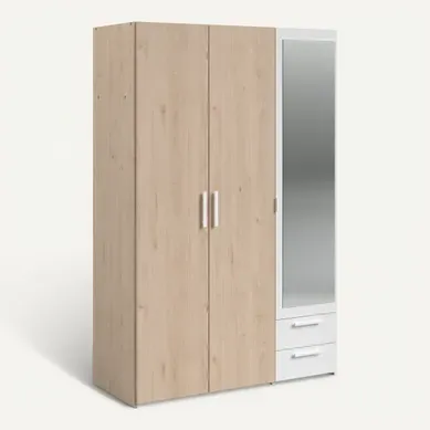 Armoire 3 portes 2 tiroirs avec miroir L.120 cm DAILY imitation chêne et blanc Armoire 3 portes 2 tiroirs avec miroir L.120 cm DAILY imitation chêne et blanc vue 3/4