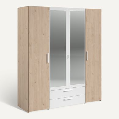 Armoire 4 portes 2 tiroirs L. 160 cm avec miroir DAILY imitation chêne et blanc Armoire 4 portes 2 tiroirs L. 160 cm avec miroir DAILY imitation chêne et blanc vue 3/4