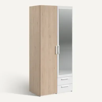 Armoire 2 portes 2 tiroirs L. 80 cm avec miroir DAILY imitation chêne et blanc vue 3/4