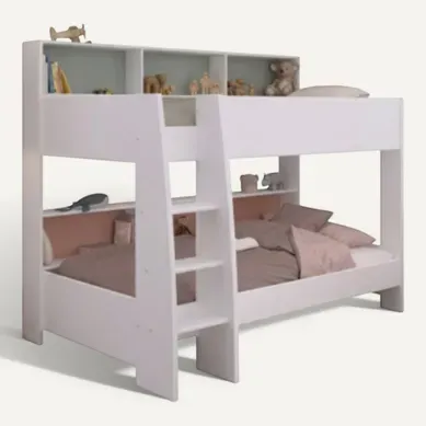 Lit superposé 2x90x200 cm avec fonds vert et/ou terracotta LEA avec sommiers blanc vue 3/4