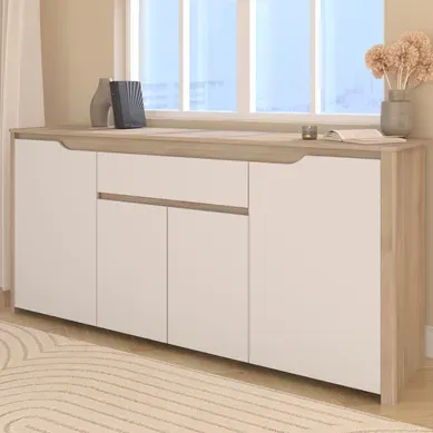 Buffet 4 portes 184 cm WENDY imitation chêne et blanc Buffet 4 portes 184 cm WENDY imitation chêne et blanc vue d'ambiance 1