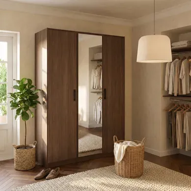 Armoire 3 portes avec miroir L. 139 cm AZUKA imitation noyer Armoire 3 portes avec miroir L. 139 cm AZUKA imitation noyer vue d'ambiance 1