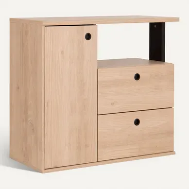 Commode 1 porte 2 tiroirs DUPLEX imitation châtaignier et noir Commode 1 porte 2 tiroirs DUPLEX imitation châtaignier et noir vue 3/4