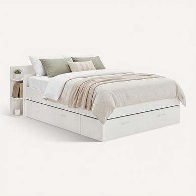 Lit avec rangements 140x190 cm - grands tiroirs TONIGHT blanc Lit avec rangements 140x190 cm - grands tiroirs TONIGHT blanc vue 3/4