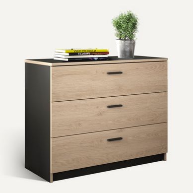 Commode 3 tiroirs TONIGHT - style industriel imitation chêne et noir Commode 3 tiroirs TONIGHT - style industriel imitation chêne et noir vue 3/4