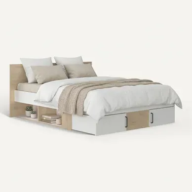 Lit 140x190cm 2 tiroirs + 2 niches SWIVEL imitation chêne et blanc Lit 140x190cm 2 tiroirs + 2 niches SWIVEL imitation chêne et blanc vue 3/4