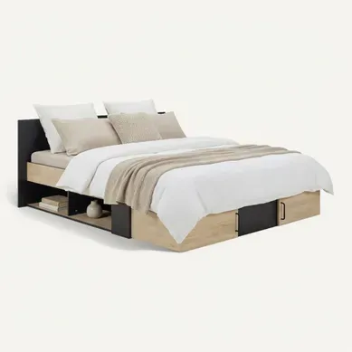 Lit avec rangements 140x190 cm tiroirs et niches SWIVEL imitation chêne et noir vue 3/4