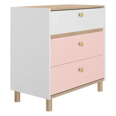 Commode 3 Tiroirs Romy Imitation Chêne, Rose Et Blanc Commode 3 Tiroirs Romy Imitation Chêne, Rose Et Blanc