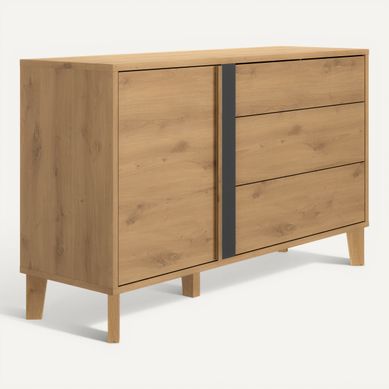 Commode 3 tiroirs 1 porte RIVOLI imitation chêne et anthracite Commode 3 tiroirs 1 porte RIVOLI imitation chêne et anthracite vue 3/4