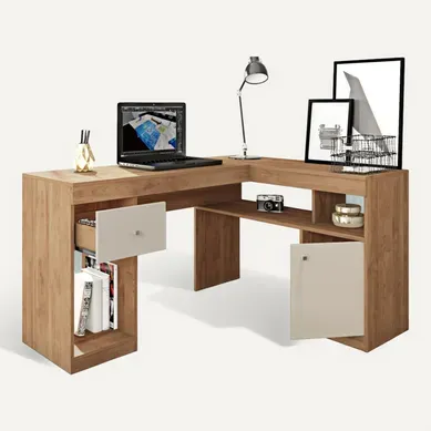 Bureau D'angle Imitation Chêne Avec Caisson Et Rangements Bureau D'angle Imitation Chêne Avec Caisson Et Rangements