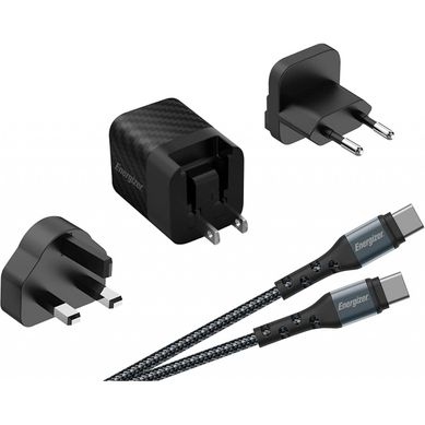 Energizer - Chargeur Rapide Usb-c 20w - Avec Câble Usb-c - 3 Prises Incluses (eu/us/uk) - Noir