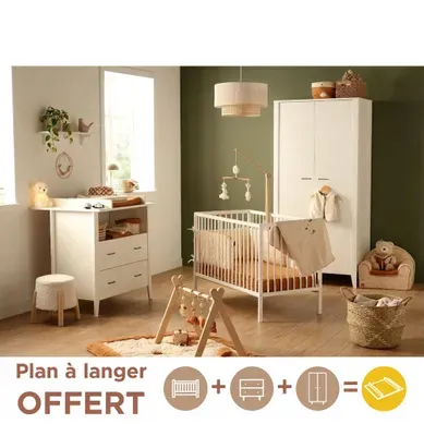 Chambre Bébé 3 Pièces Angèle, Lit Bébé 120x60 à Barreaux, Commode à Langer, Armoire 2 Portes Chambre Bébé 3 Pièces Angèle, Lit Bébé 120x60 à Barreaux, Commode à Langer, Armoire 2 Portes