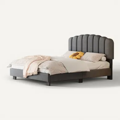Lit Adulte Lit 2 Place 140x200 Cm, Avec Tête De Lit Réglable, Lin, Gris