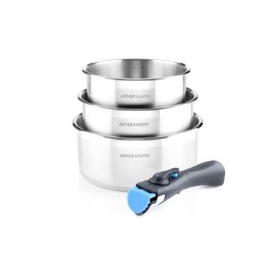 Set De 3 Casseroles Inox  16-18-20 Cm + 1 Poignée - Tous Feux Dont Induction