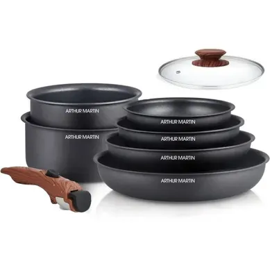 Batterie De Cuisine 8 Pièces Aluminium — Poignée Amovible Effet Bois, Induction Batterie De Cuisine 8 Pièces Aluminium — Poignée Amovible Effet Bois, Induction