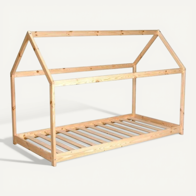Lit Enfant Cabane 90 X 190 Cm - Bois Pin Massif Naturel - Sommier En Bois Épicéa Inclus