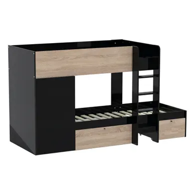 Lit Superposé 90x190 - Armoire - Tiroirs - Twin - Noir Et Bois