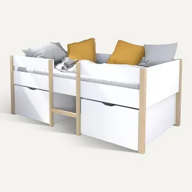 Lit Mi-hauteur 90x200 cm Avec 2 Maxi Tiroirs - Blanc/bois - Sommier Inclus - Zephir