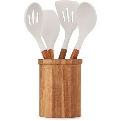 Set 4 Ustensiles 31 Cm Silicone, Manches Acacia Fsc Avec Pot Cylindrique Set 4 Ustensiles 31 Cm Silicone, Manches Acacia Fsc Avec Pot Cylindrique