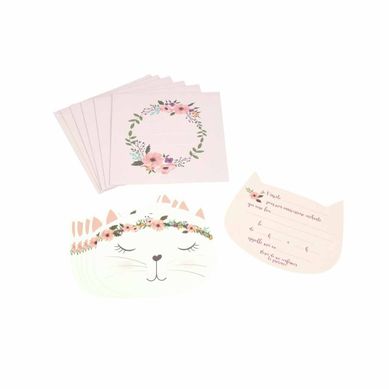 Lot De 6 Invitations D'anniversaire "boho Chat" 14cm Rose Lot De 6 Invitations D'anniversaire "boho Chat" 14cm Rose