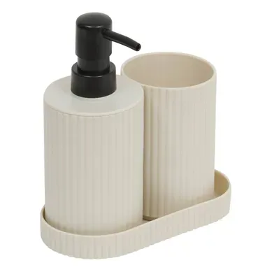 Lot Distributeur De Savon Et Gobelet Strié Beige Lot Distributeur De Savon Et Gobelet Strié Beige