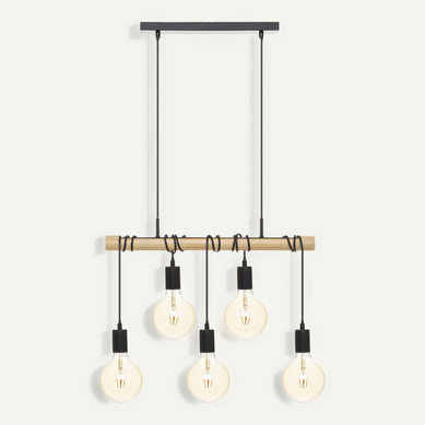 Luminaire Suspension 5 Lampes En Métal Noir Et Bois De Pin L 60 Cm Luminaire Suspension 5 Lampes En Métal Noir Et Bois De Pin L 60 Cm