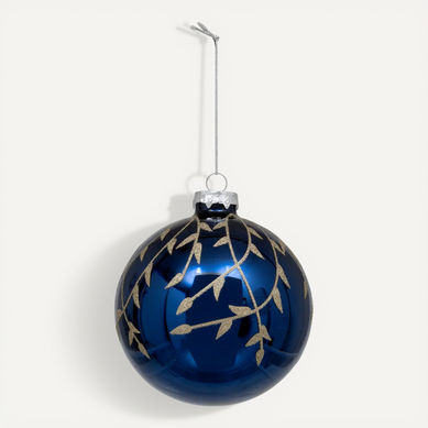 Boule De Noël En Verre "branche Pailletée" 10cm Bleu Boule De Noël En Verre "branche Pailletée" 10cm Bleu