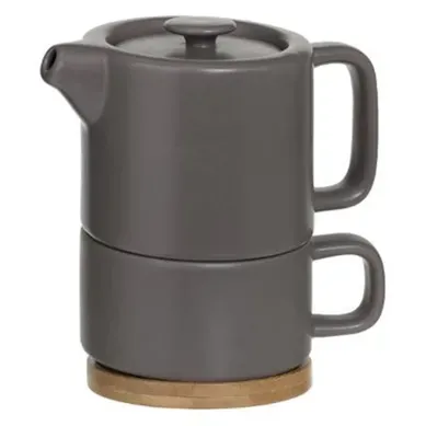 Théière En Céramique Taupe Avec Tasse Intégrée Et Socle En Bambou Théière En Céramique Taupe Avec Tasse Intégrée Et Socle En Bambou