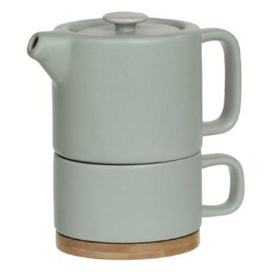 Théière En Céramique Vert Menthe Avec Tasse Intégrée Et Socle En Bambou Théière En Céramique Vert Menthe Avec Tasse Intégrée Et Socle En Bambou