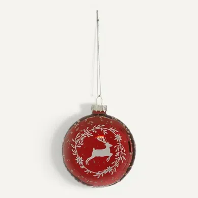 Boule De Noël En Verre "renne Couronne" 8cm Rouge