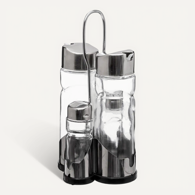 Ensemble Avec Support "huile Vinaigre et Sel Poivre" 20cm Argent Ensemble Avec Support "huile Vinaigre et Sel Poivre" 20cm Argent