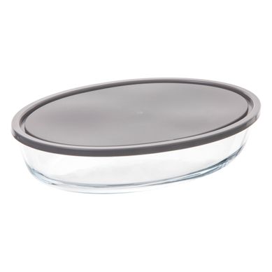 Plat ovale 30 x 21 en verre  avec couvercle gris vue 3/4