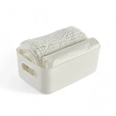 Set De Douche 3 Accessoires Rideau Tapis Panier Bathroom 180x180cm Blanc