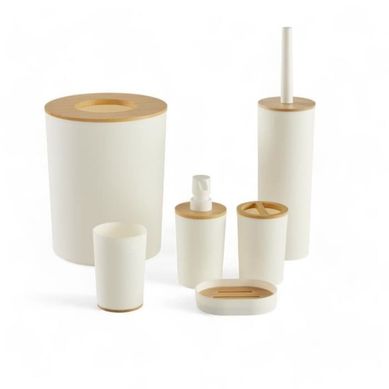 Set D’accessoires De Salle De Bain Blanc Avec Bambou, 6 Pièces Et Poubelle 7 L Set D’accessoires De Salle De Bain Blanc Avec Bambou, 6 Pièces Et Poubelle 7 L