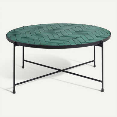 Table Basse Ronde En Céramique Vert Foncé Et Métal Noir D80.5 Cm Kotta