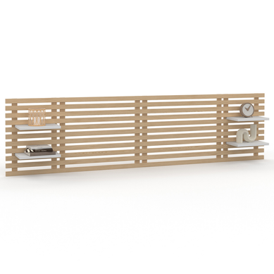 Tête De Lit Suspendue En Lattes Ava 240 Cm Bois Clair Et étagères Blanches Tête De Lit Suspendue En Lattes Ava 240 Cm Bois Clair Et étagères Blanches