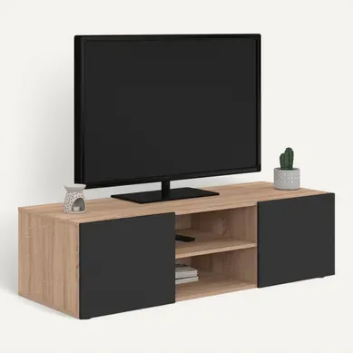 Meuble TV 113 Cm Eli Bois Façon Hêtre Portes Noires