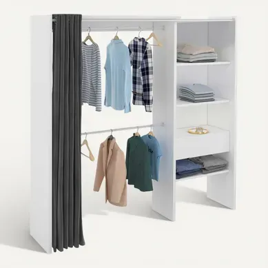 Dressing Extensible Blanc Gris Marty 120/170x50x180cm Avec Rideau + Double Penderie + Étagères Dressing Extensible Blanc Gris Marty 120/170x50x180cm Avec Rideau + Double Penderie + Étagères