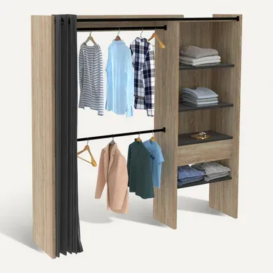 Dressing Extensible Bois Noir Marty 120/170x50x180cm Avec Rideau + Double Penderie + Étagères Dressing Extensible Bois Noir Marty 120/170x50x180cm Avec Rideau + Double Penderie + Étagères