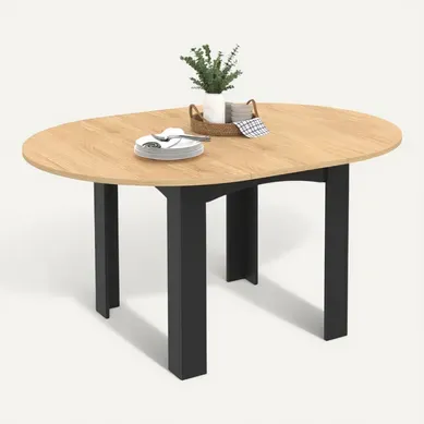 Table À Manger Extensible Ronde Dona 4-8 Personnes Noire Plateau Façon Hêtre 110-150 Cm