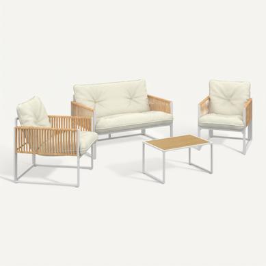 Salon De Jardin Bas Rio 4 Places Structure Métal Blanc, Cordage Effet Rotin Clair Et Coussins Beiges Salon De Jardin Bas Rio 4 Places Structure Métal Blanc, Cordage Effet Rotin Clair Et Coussins Beiges