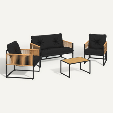 Salon De Jardin Bas Rio 4 Places Structure Métal Noir, Cordage Effet Rotin Clair Et Coussins Noirs Salon De Jardin Bas Rio 4 Places Structure Métal Noir, Cordage Effet Rotin Clair Et Coussins Noirs