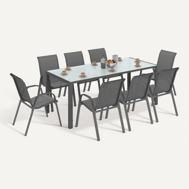 Salon De Jardin Madrid Table 190 Cm Et 8 Chaises Empilables Gris Anthracite Plateau Transparent Salon De Jardin Madrid Table 190 Cm Et 8 Chaises Empilables Gris Anthracite Plateau Transparent